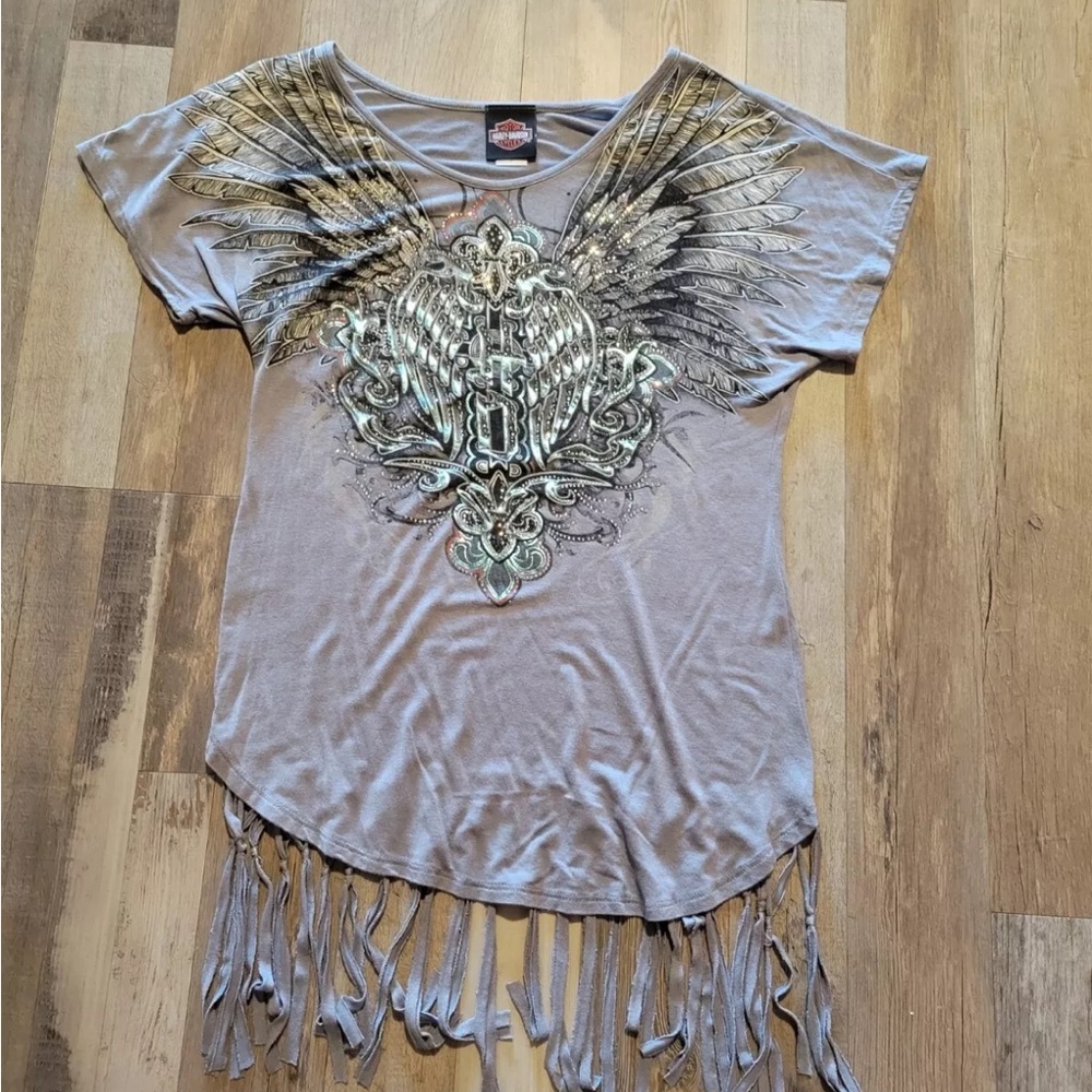 Women's Harley Davidson Gray Short Sleeve Sequined Feather Fringe Large